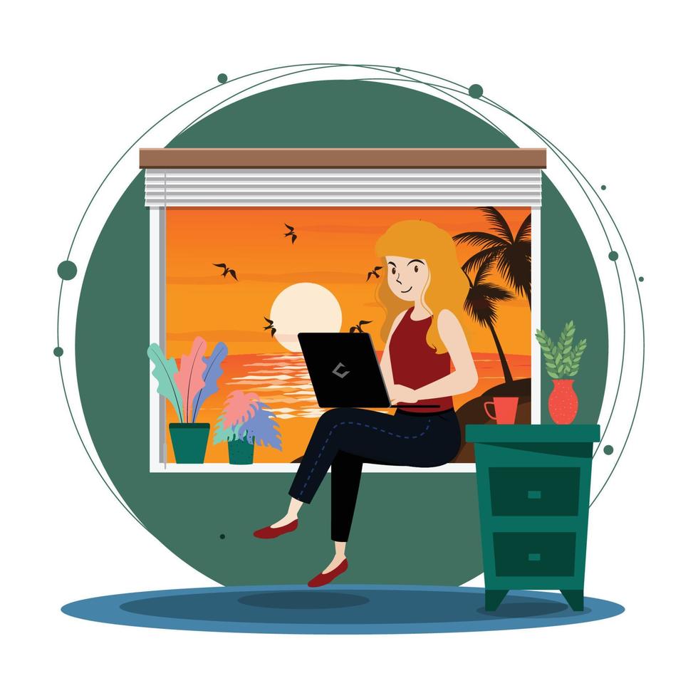 vector illustration of working online in front of laptop at home on sunset background