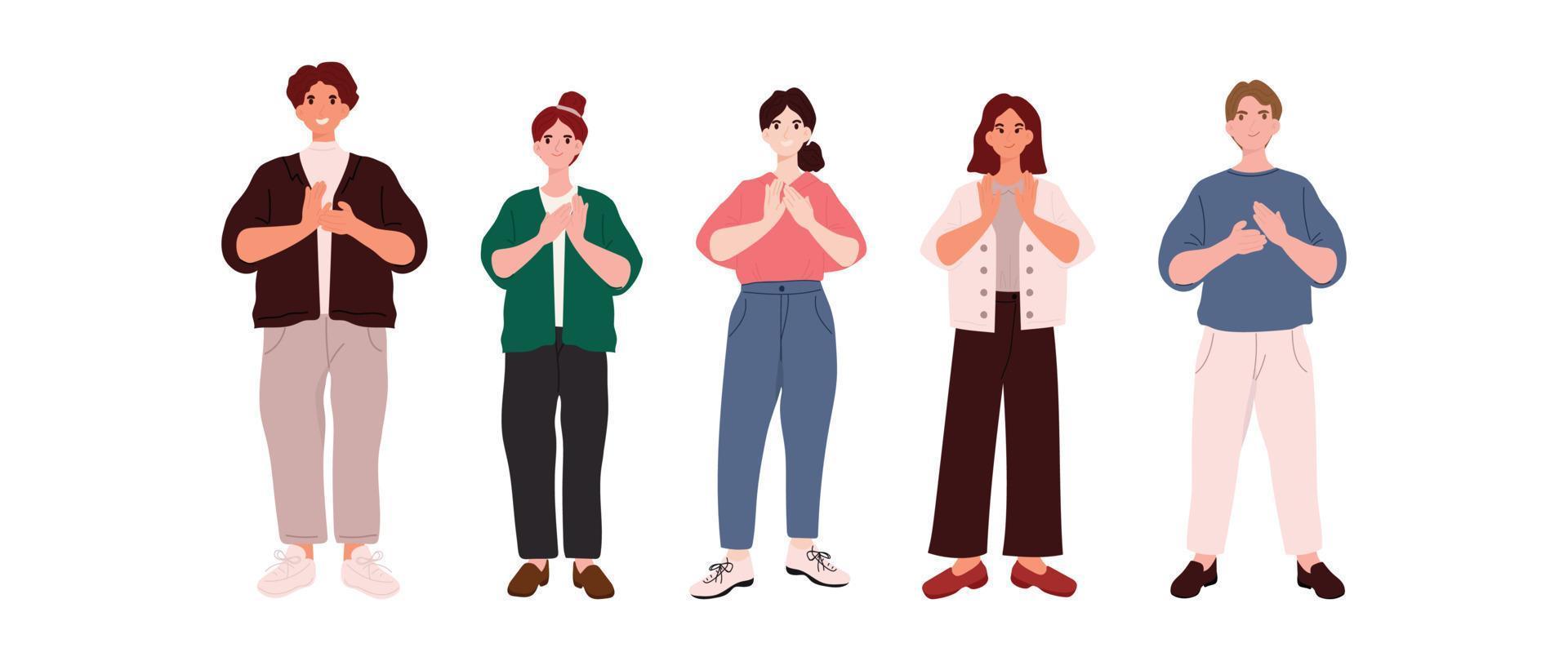 People character design collection. Modern cartoon flat style with males and females stand together in clapping hands pose. Characters illustration for social media, background, poster, cover. vector