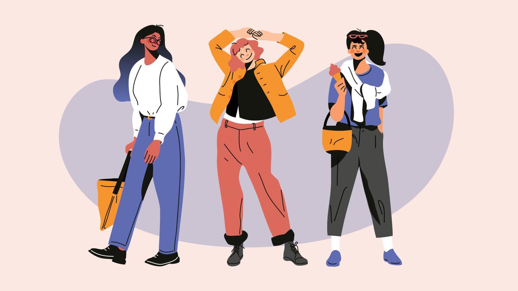 Women character design collection. Modern cartoon flat style design with teenage girls in different clothes, poses. Characters illustration for social media, background, poster, cover. vector