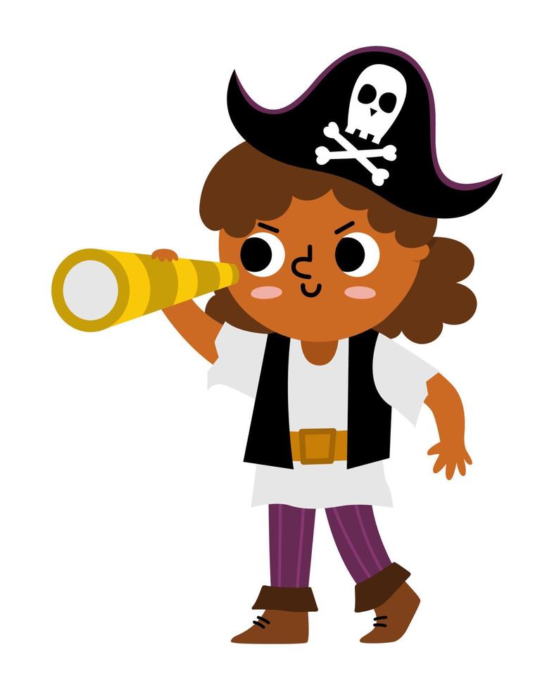 Vector pirate girl icon. Cute female sea captain illustration. Treasure island hunter with black cocked hat and spyglass. Funny pirate party element for kids isolated on white background.