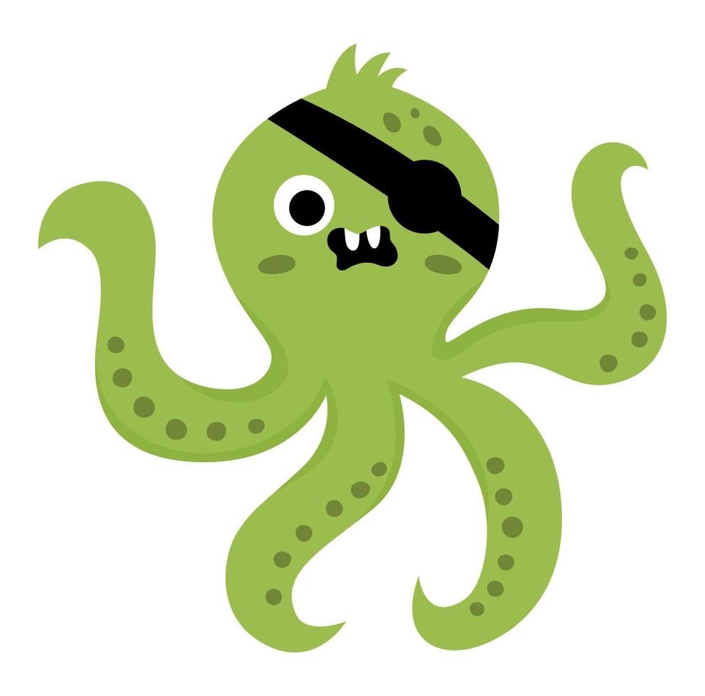 Vector pirate octopus icon. Cute sea animal illustration. One eye treasure island hunter with eye patch. Funny pirate party element for kids. Devilfish picture isolated on white background