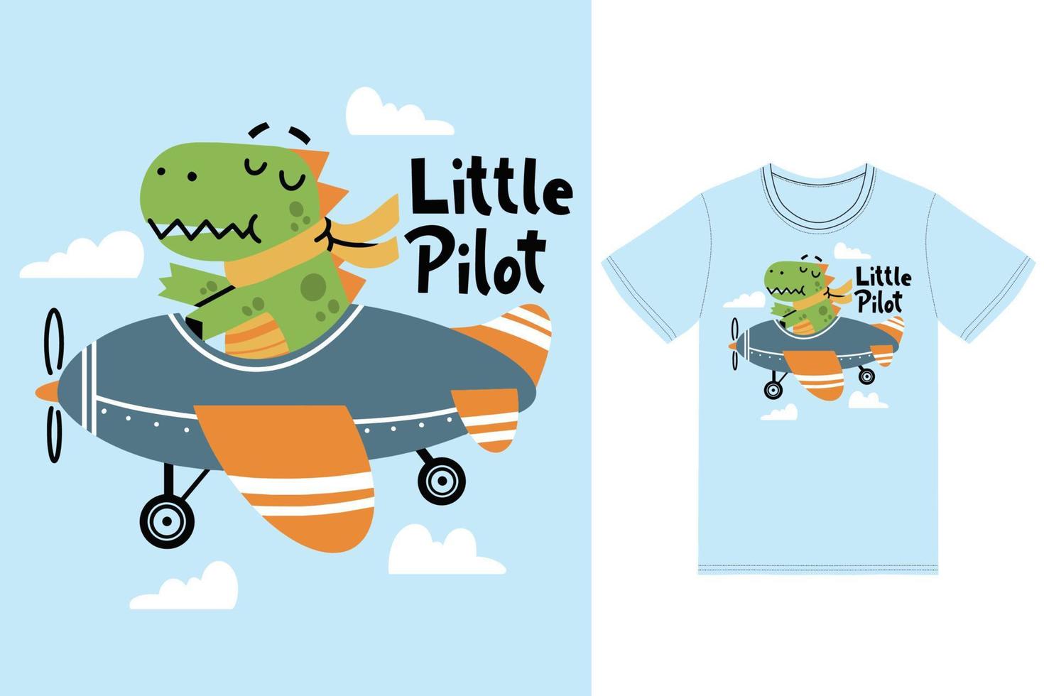 Cute dinosaur on a plane illustration with tshirt design premium vector