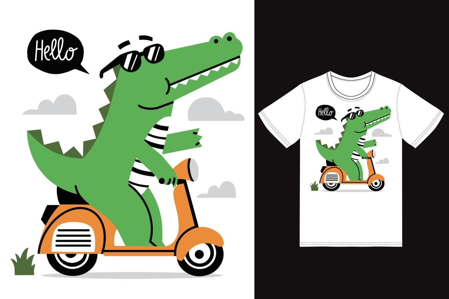 linda dinosaurio leyendo scooter ilustración con camiseta diseño prima vector