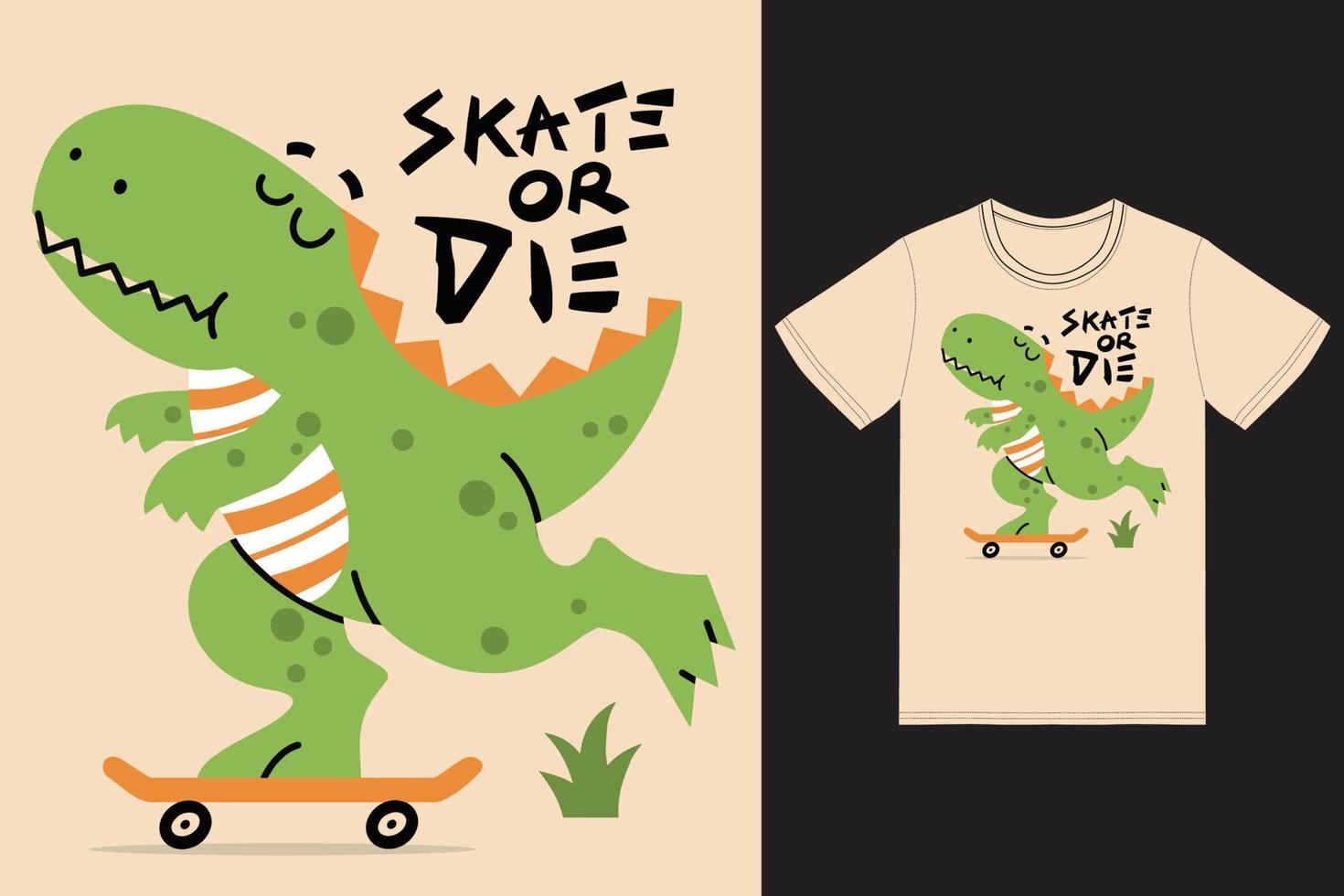 Cute dino playing skateboard illustration with tshirt design premium vector