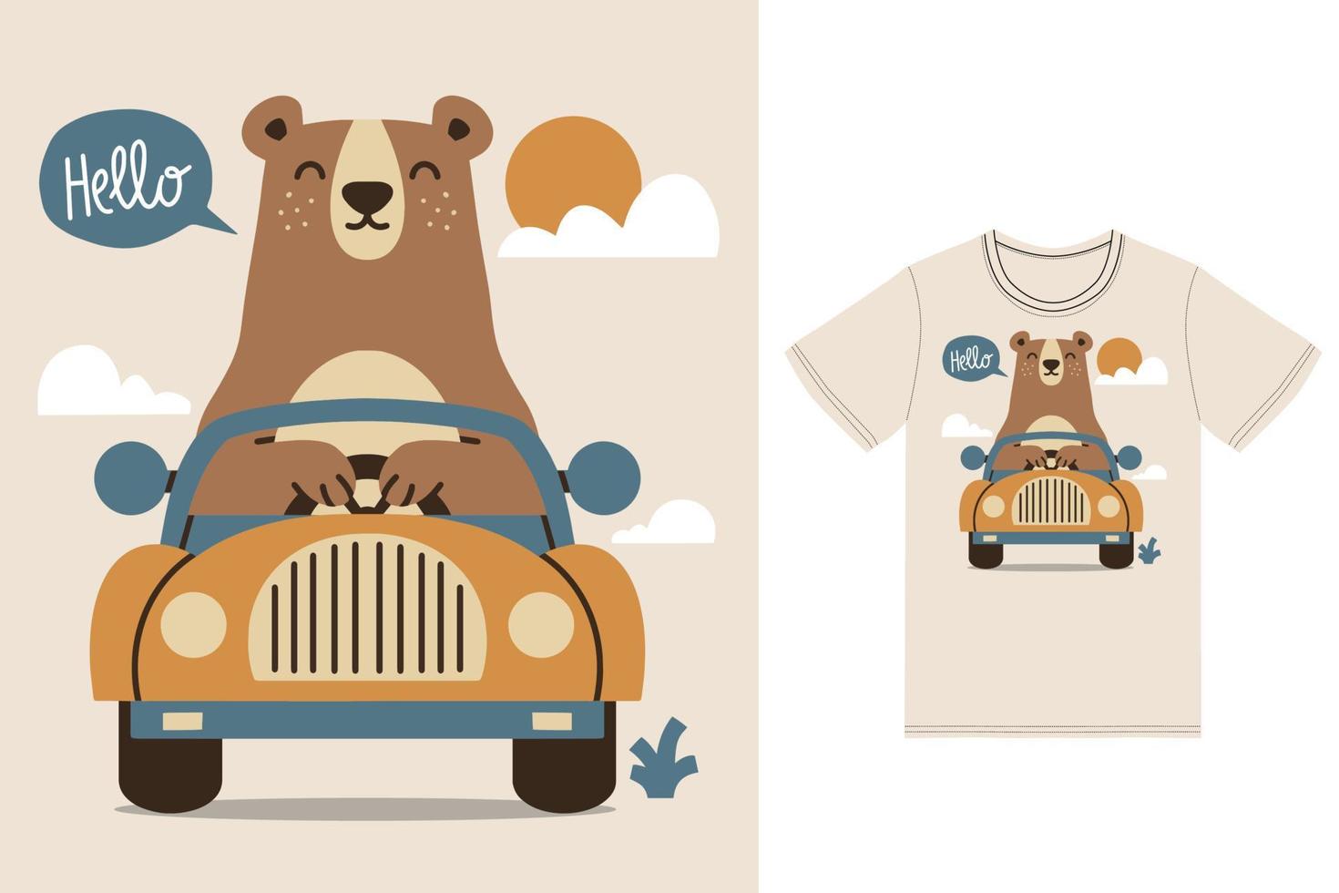 linda oso conducción coche ilustración con camiseta diseño prima vector