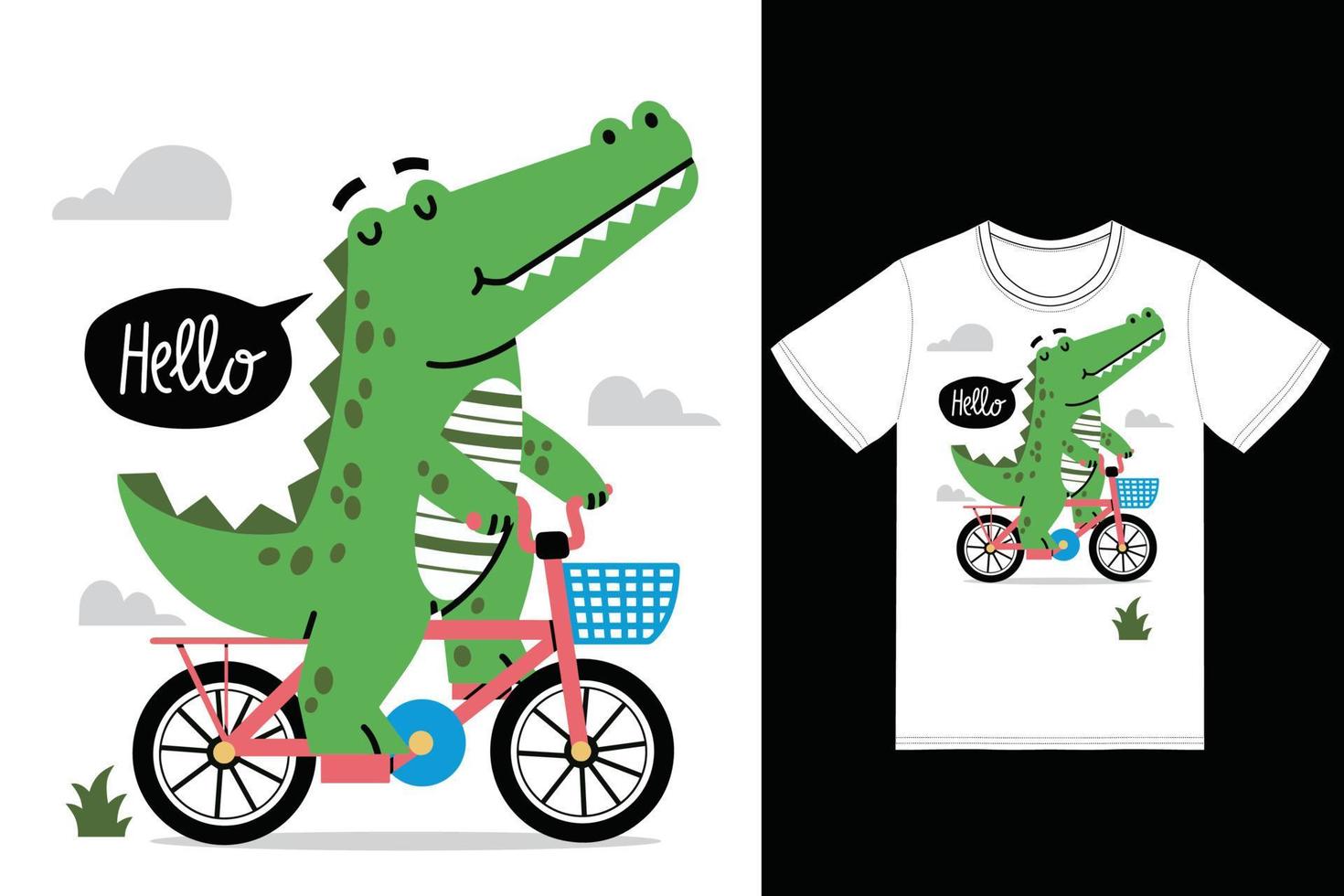 Cute crocodile riding bike illustration with tshirt design premium vector