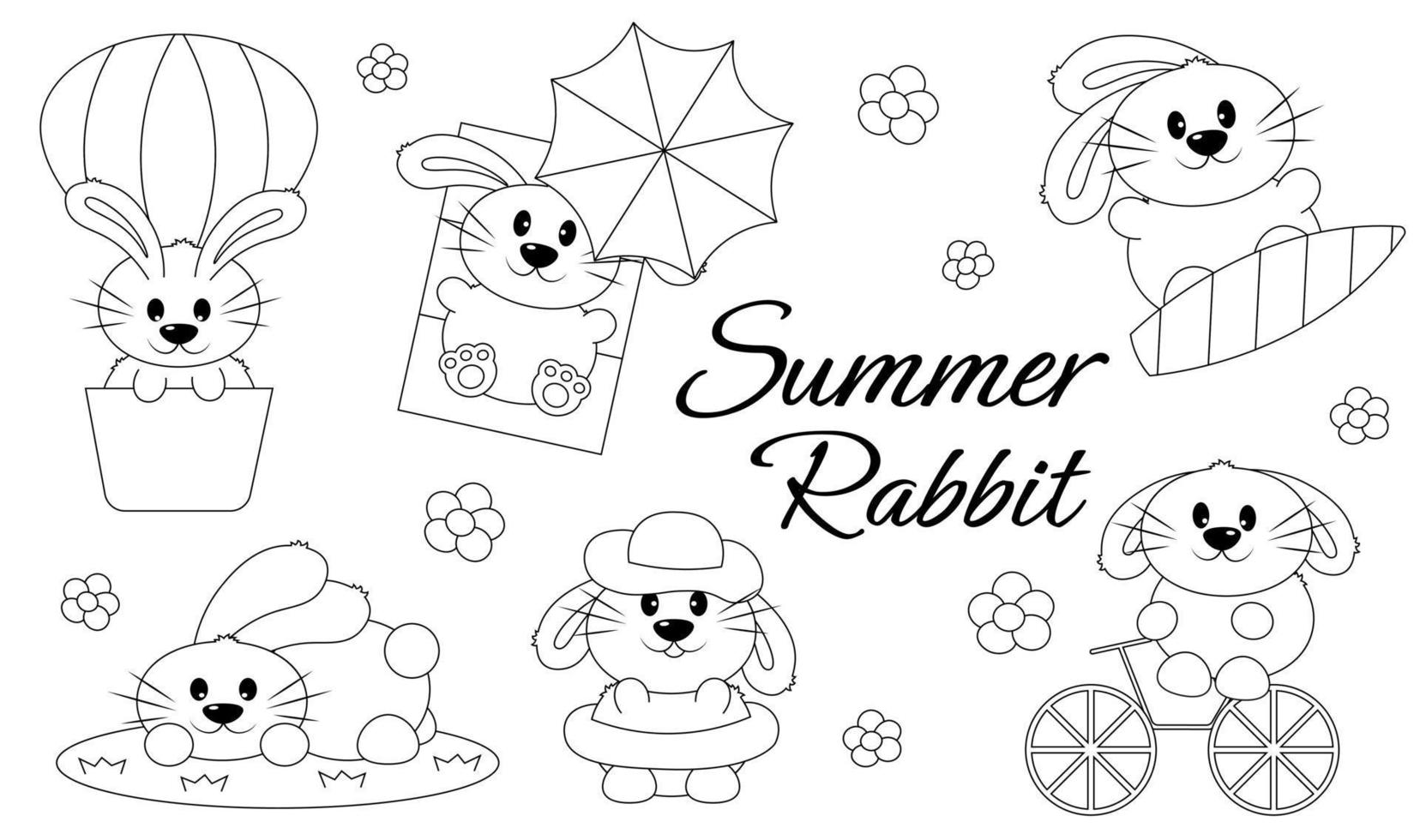 Set Cute Cartoon Summer Rabbit in black and white vector