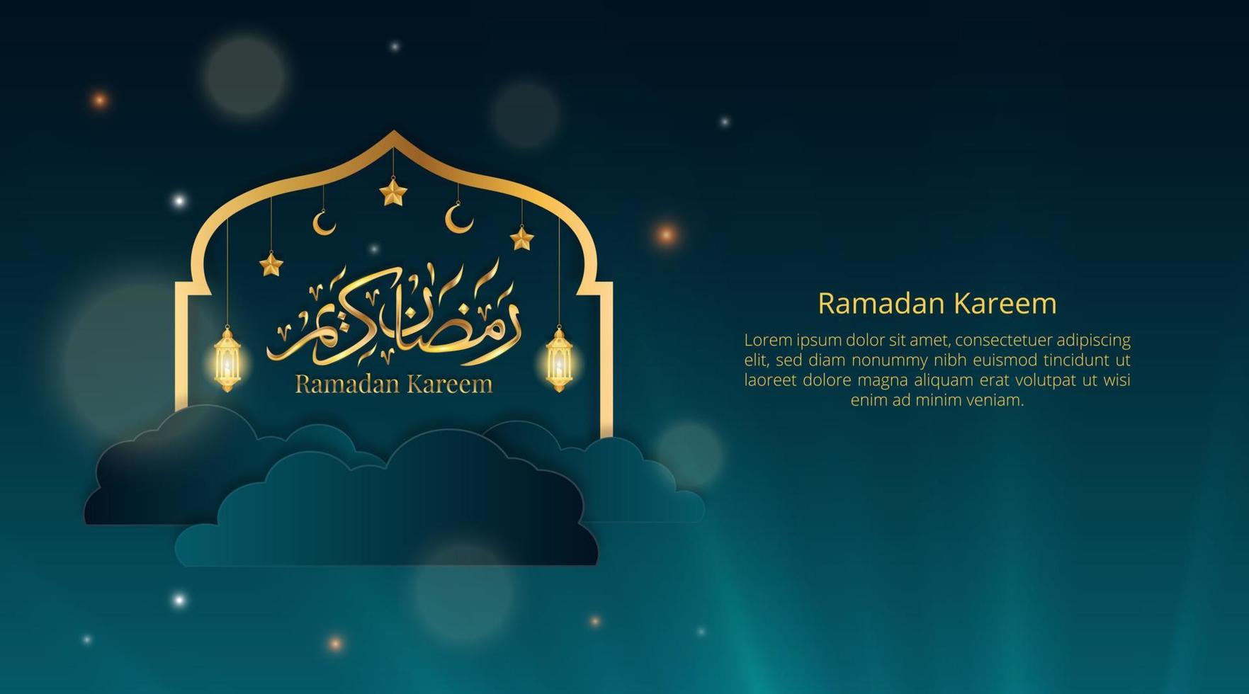 Ramadán kareem antecedentes con corte papel caligrafía y linterna vector