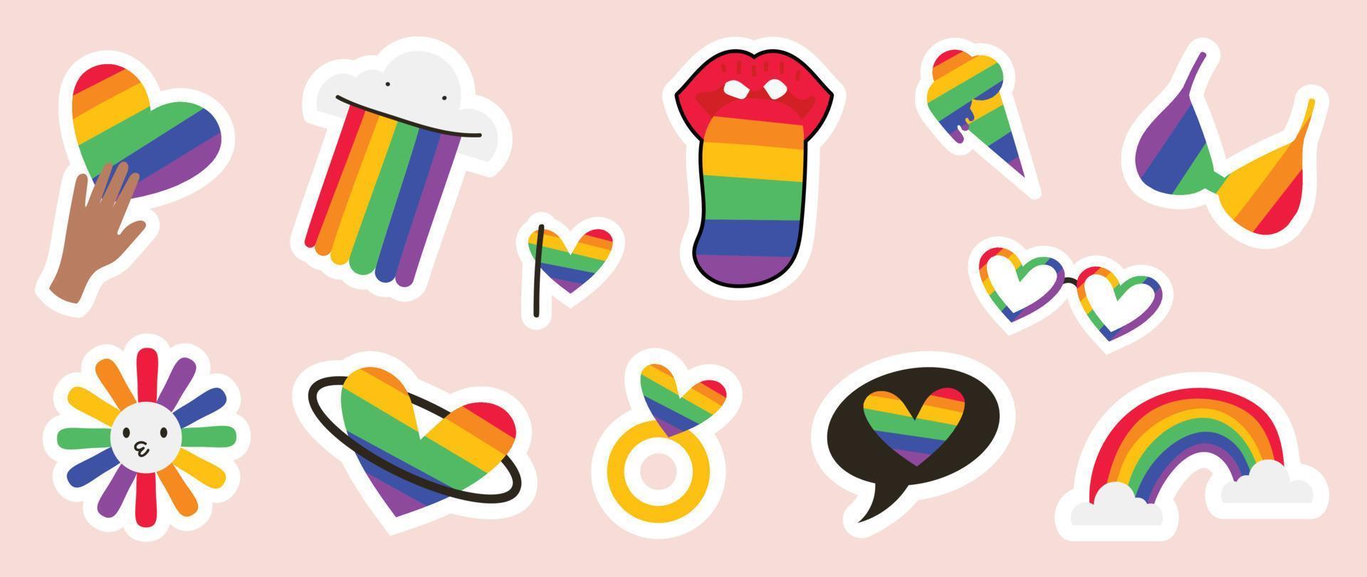 Happy Pride LGBTQ element set. LGBTQ community symbols with ring, rainbow, heart, underwear. Elements illustrated for pride month, bisexual, transgender, gender equality, sticker, rights concept. vector
