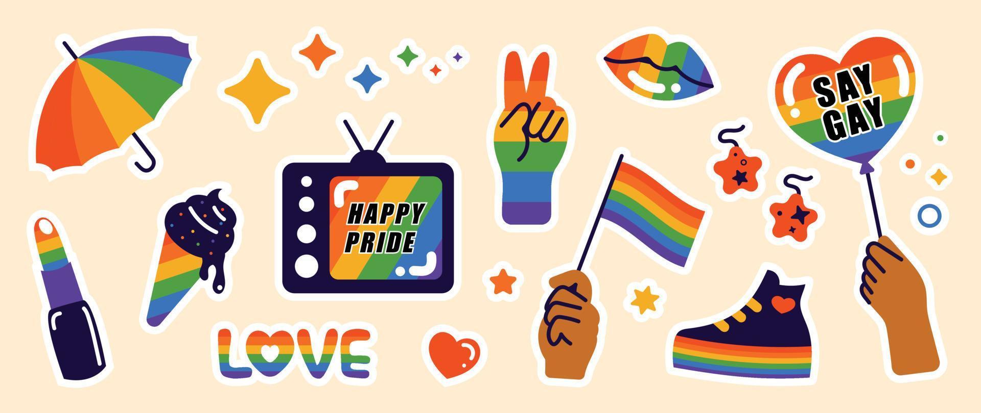 Happy Pride LGBTQ element set. LGBTQ community symbols with rainbow flag, love text, balloon. Elements illustrated for pride month, bisexual, transgender, gender equality, sticker, rights concept. vector
