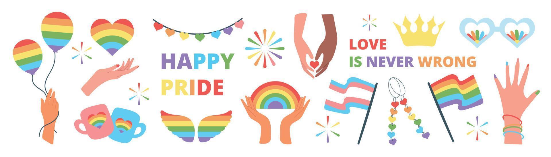 Happy Pride LGBTQ element set. LGBTQ community symbols with rainbow flag, balloon, crown, quote. Elements illustrated for pride month, bisexual, transgender, gender equality, sticker, rights concept. vector