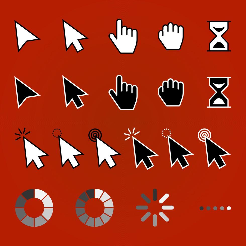 Pointer cursor icons. Web arrows cursors, mouse clicking and grab hand pixel icon. Computer pointers, internet cursor click. Vector isolated symbols collection