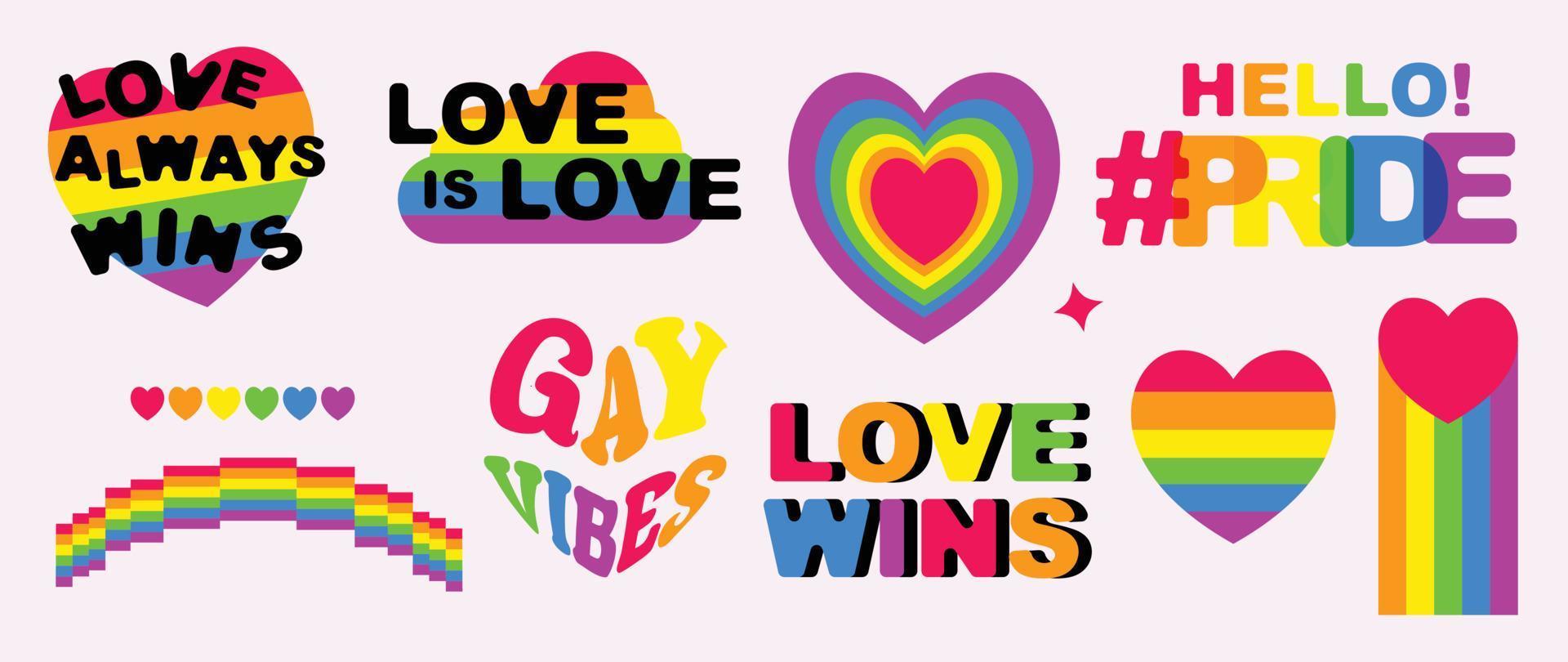 Happy Pride LGBTQ element set. LGBTQ community symbols with rainbow, heart, quote. Elements illustrated for pride month, bisexual, transgender, gender equality, sticker, rights concept. vector