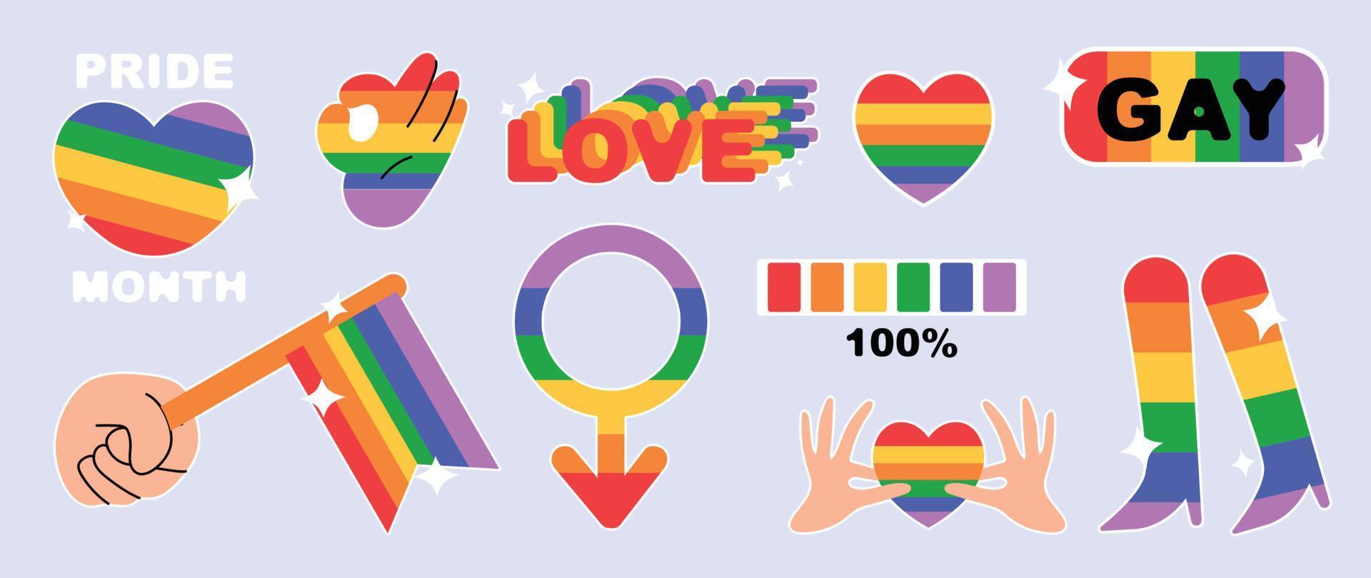 Happy Pride LGBTQ element set. LGBTQ community symbols with shoe, emoji, flag, heart, quote. Elements illustrated for pride month, bisexual, transgender, gender equality, sticker, rights concept. vector