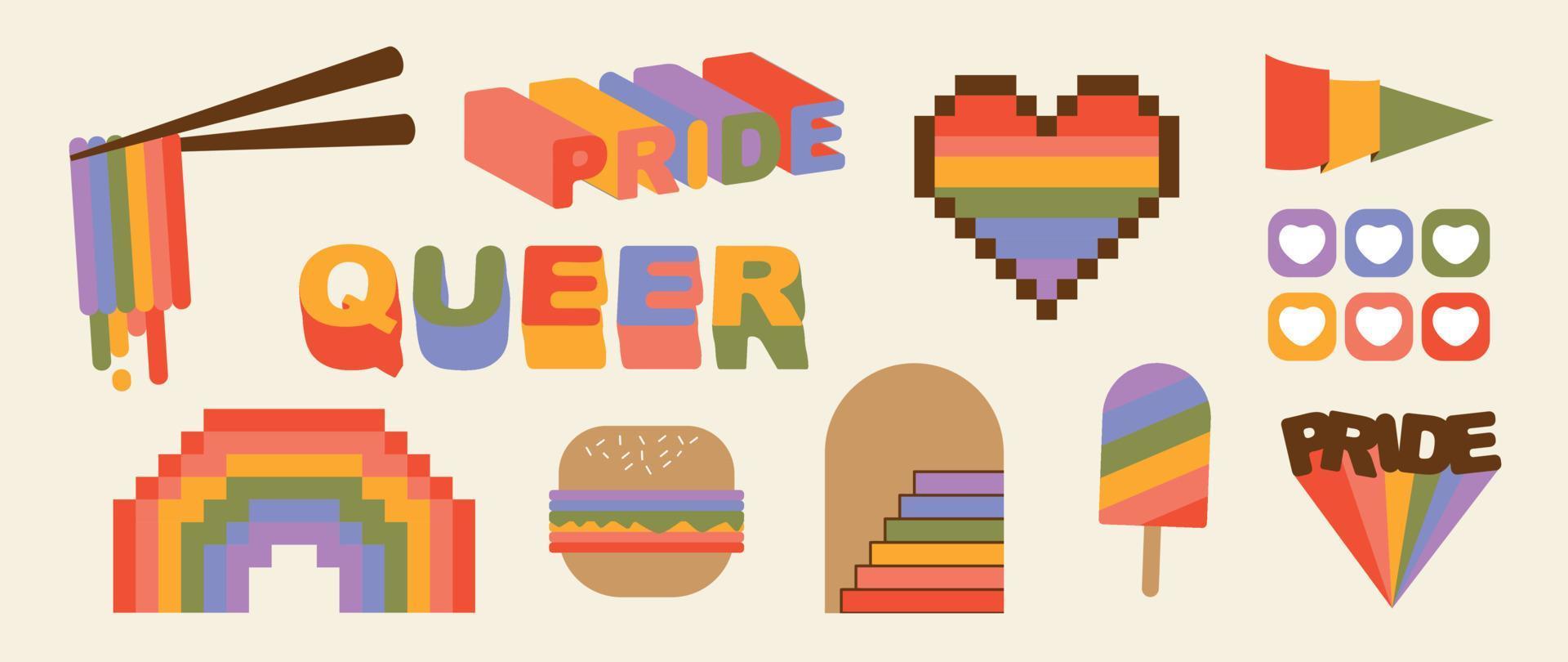 Happy Pride LGBTQ element set. LGBTQ community symbols with hamburger, flag, heart, quote. Elements illustrated for pride month, bisexual, transgender, gender equality, sticker, rights concept. vector