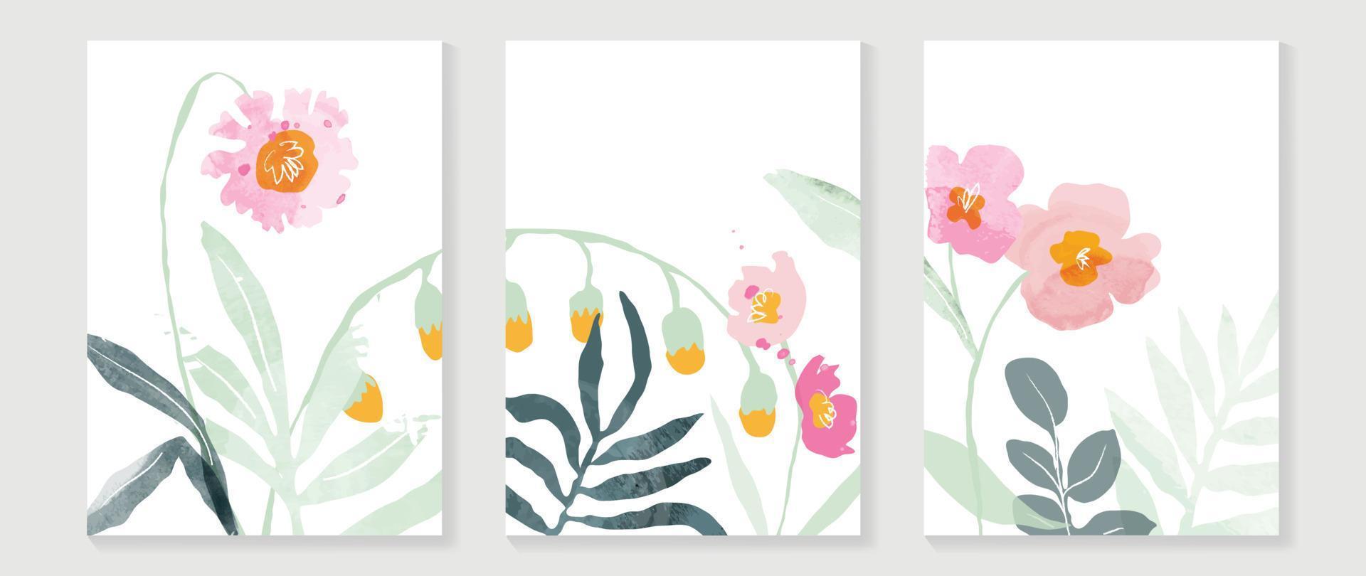 Abstract floral cover background vector. Set of spring plant hand drawn template with flowers, leaves, wildflower. Colorful watercolor texture design for wallpaper, banner, prints, interior, poster. vector