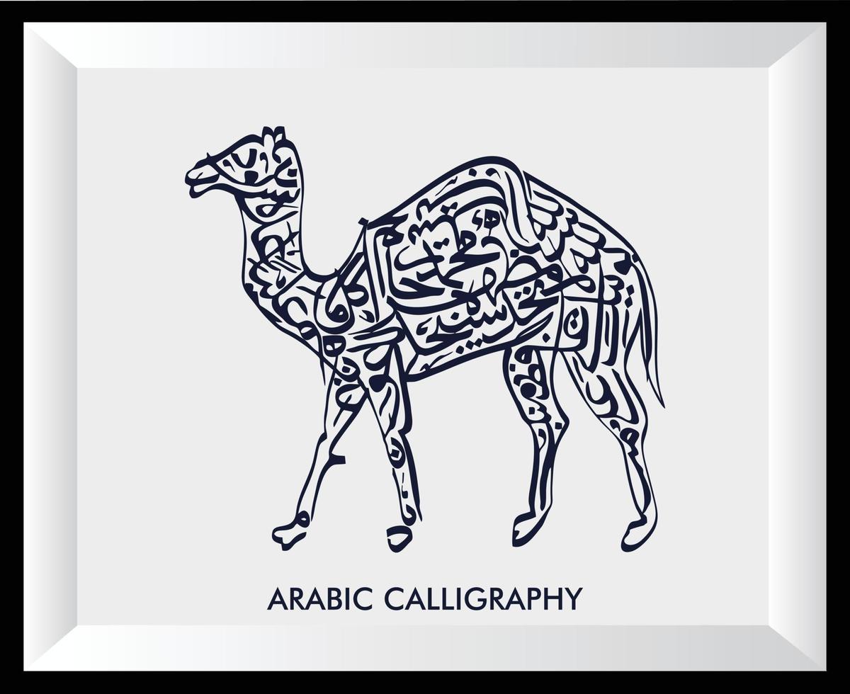 Creative Arabic calligraphy with camel shape in a picture frame. Great for wall decoration at home or places of worship. vector