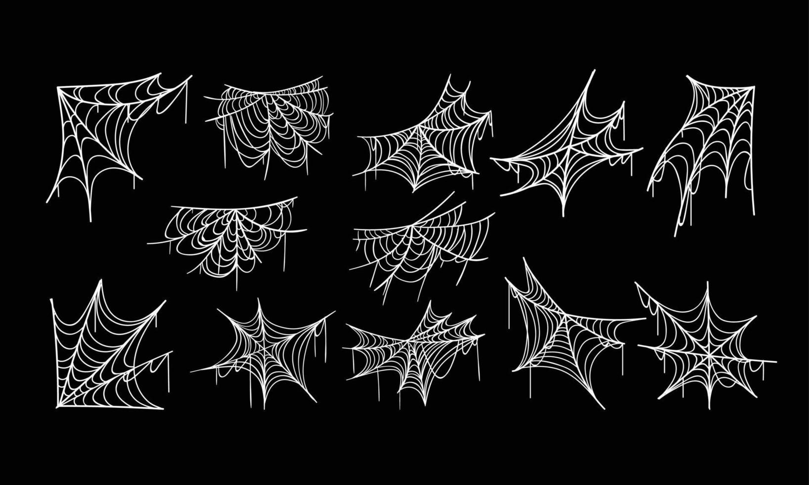 un conjunto de ilustrado araña webs aislado en negro antecedentes vector