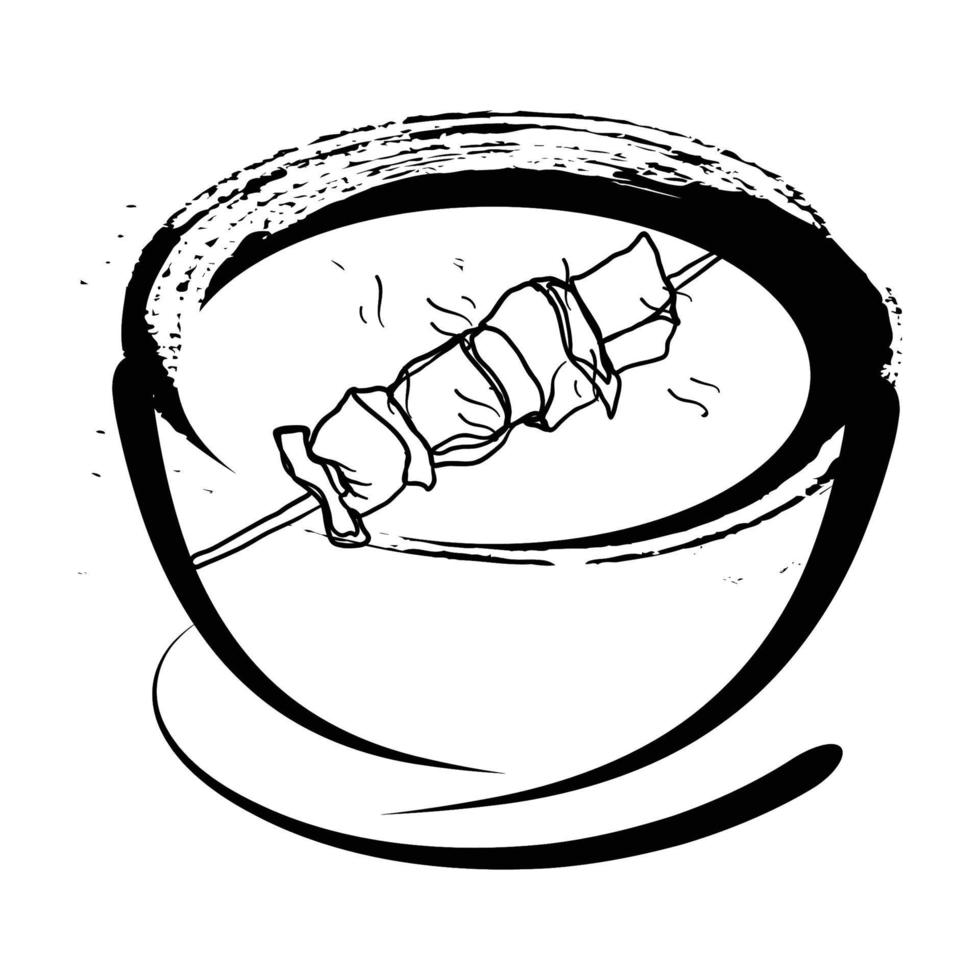 bowl and meat and vegan barbeque in japan style ink art illustration vector