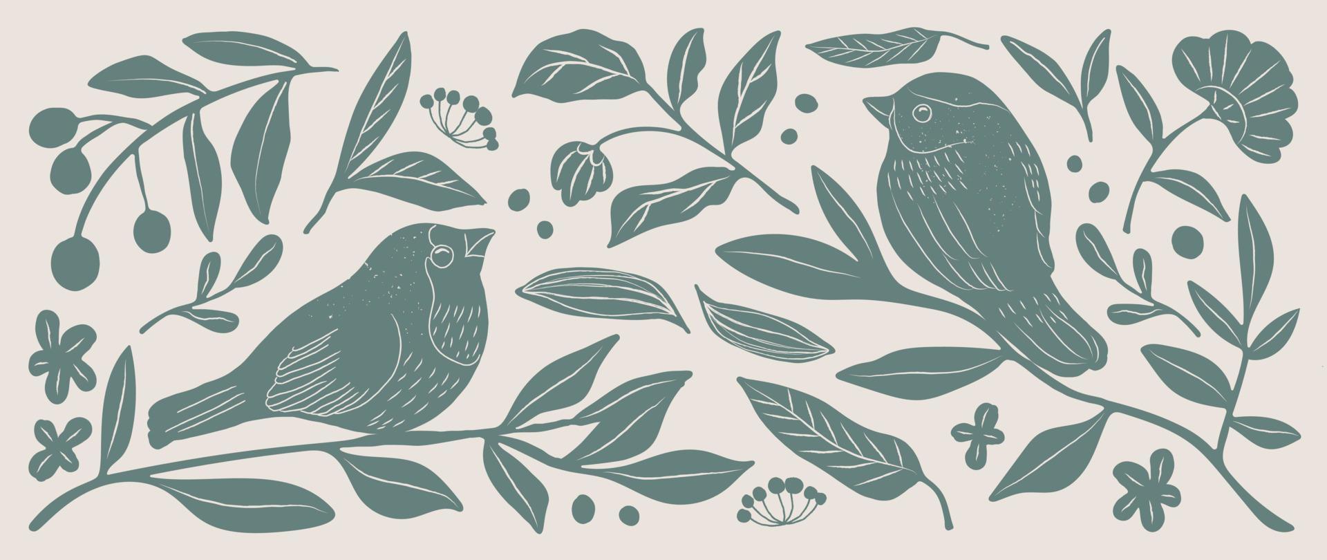 Matisse art background vector. Abstract natural hand drawn pattern design with bird, flower, leaves. Simple contemporary style illustrated Design for fabric, print, cover, banner, wallpaper. vector