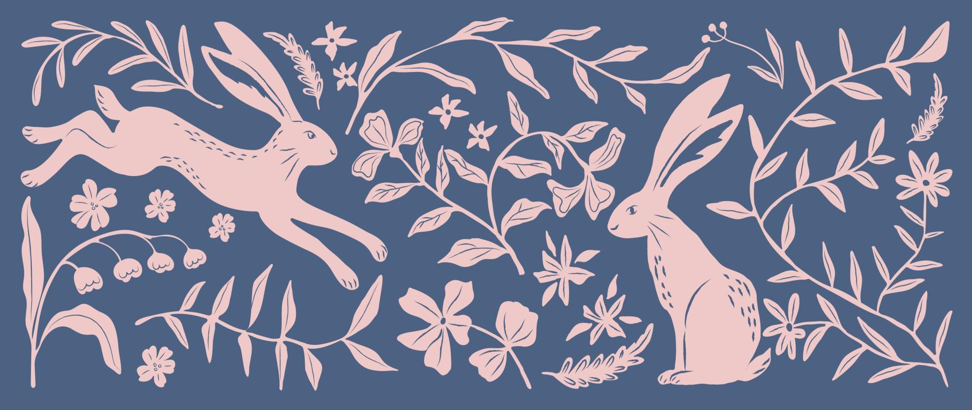 Matisse art background vector. Abstract natural hand drawn pattern design with rabbit, flower, leaves. Simple contemporary style illustrated Design for fabric, print, cover, banner, wallpaper. vector