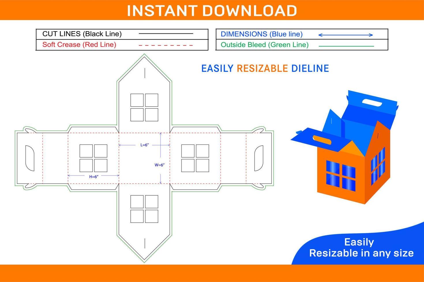 House shaped wedding favor box with window die cut template Box dieline and 3D box vector