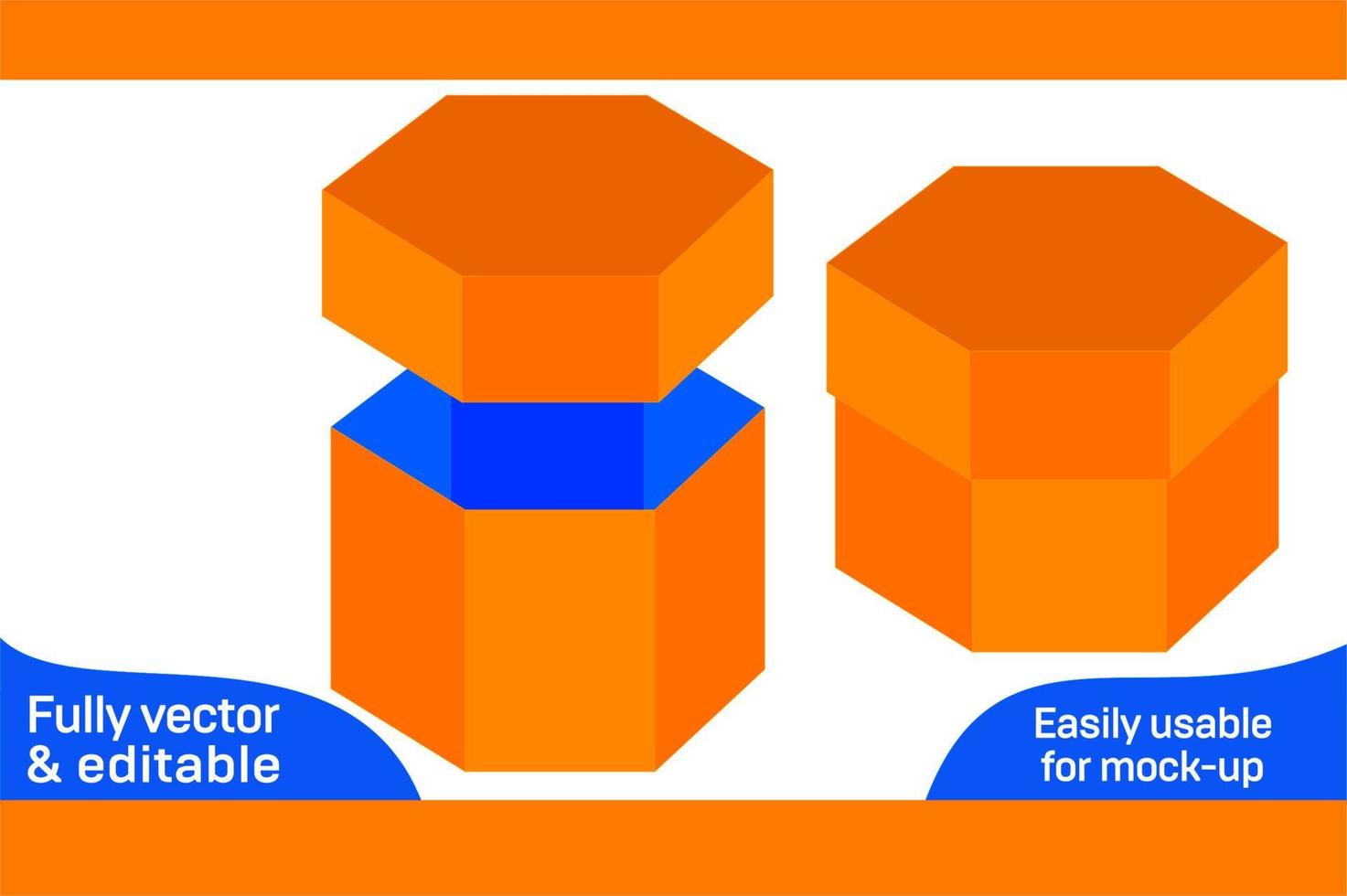 Hexagonal box with lid, gift box dieline template 3D box vector