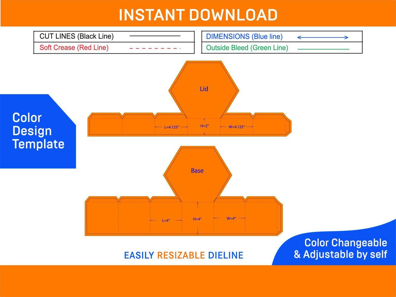 Hexagonal box with lid, gift box dieline template Color Design Template vector