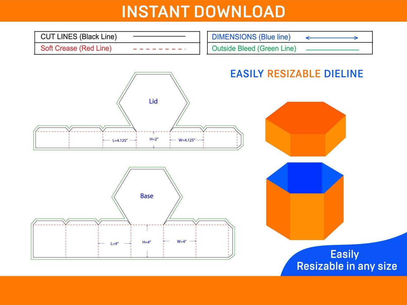 Hexagonal box with lid, gift box dieline template Box dieline and 3D box vector