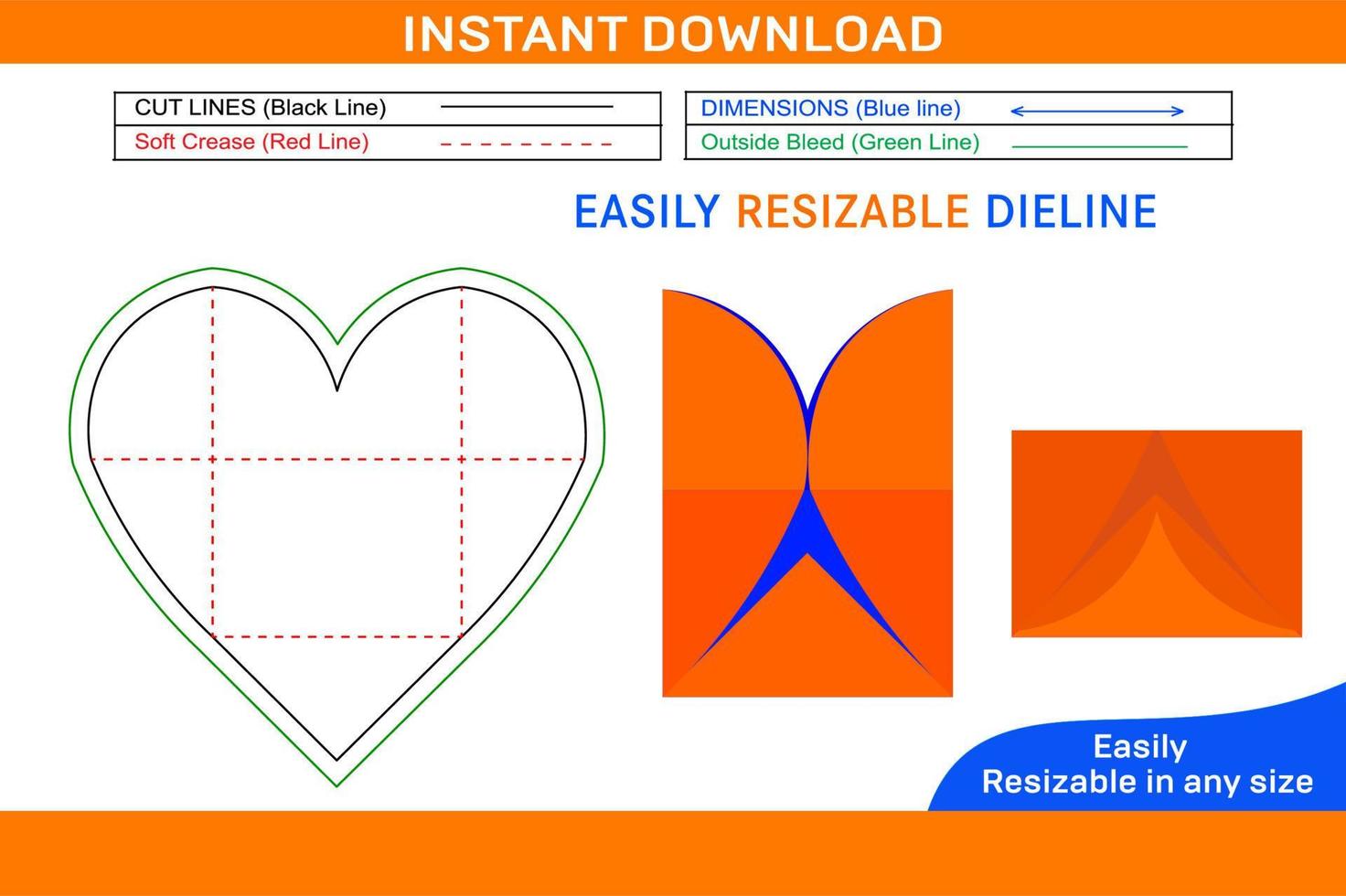 Heart shaped envelope dieline template and 3D envelope design Box dieline and 3D box vector