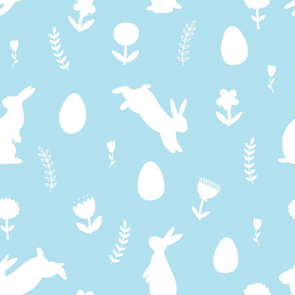 Hand drawn Easter seamless pattern with bunnies, flowers and easter eggs. vector background with silhouettes of animals and plants for wrapping paper, banner, card, textile, print