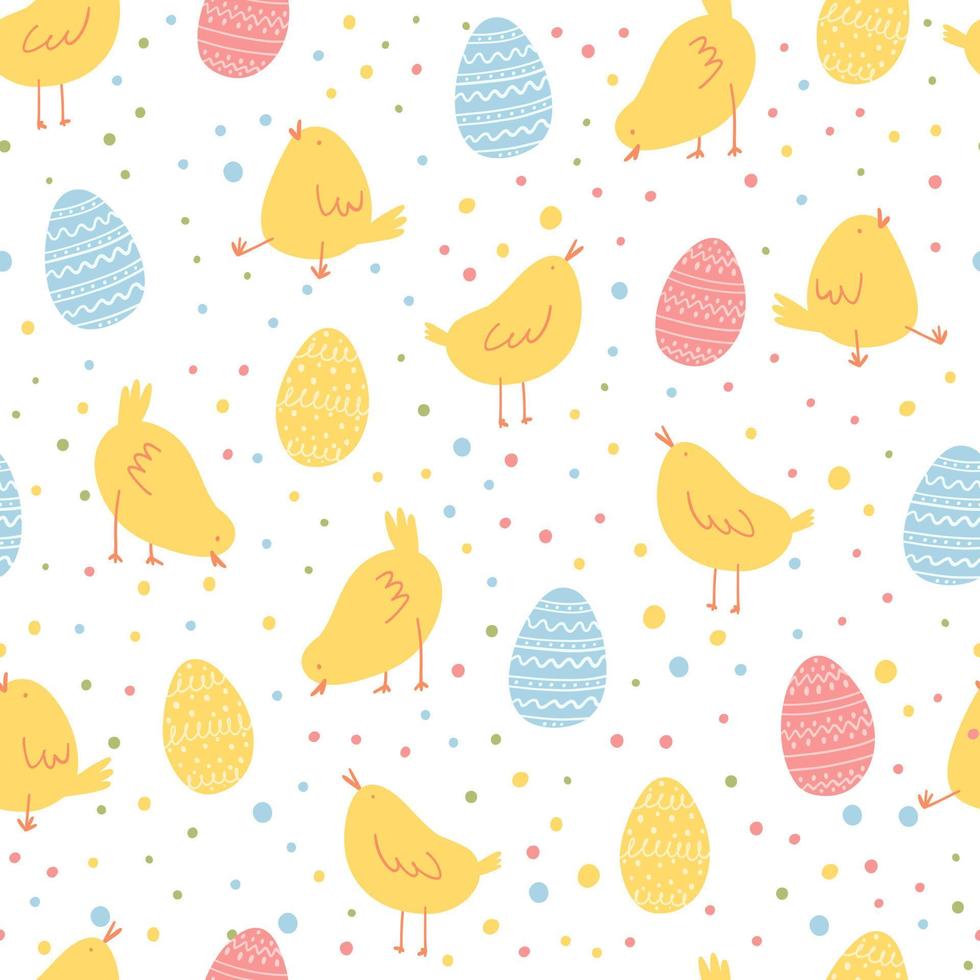 Seamless Easter pattern with hand drawn cute chickens and colorful eggs on white background. Vector illustration for wallpaper, print, textile, wrapping paper, banner, card