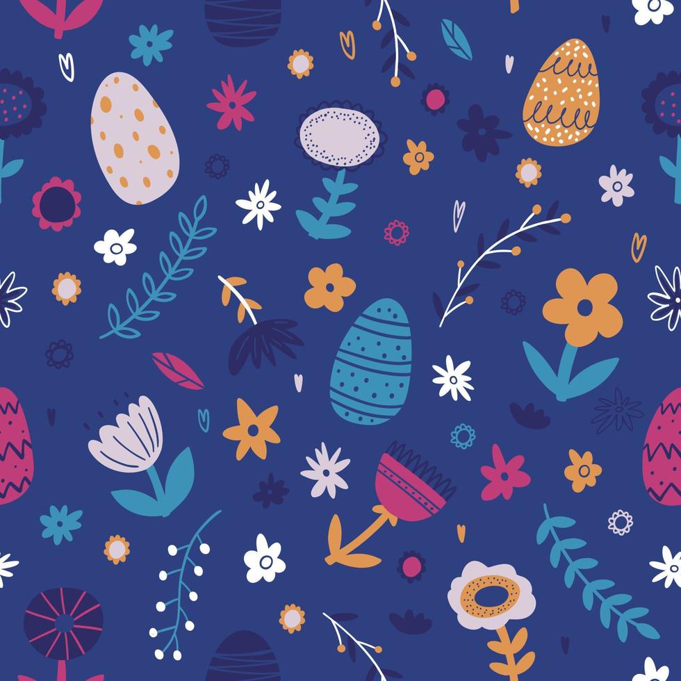 Colorful hand drawn Easter seamless pattern with plants, flowers, easter eggs. Vector background for Easter cards, wrapping paper, textile, banner, wallpaper, web design