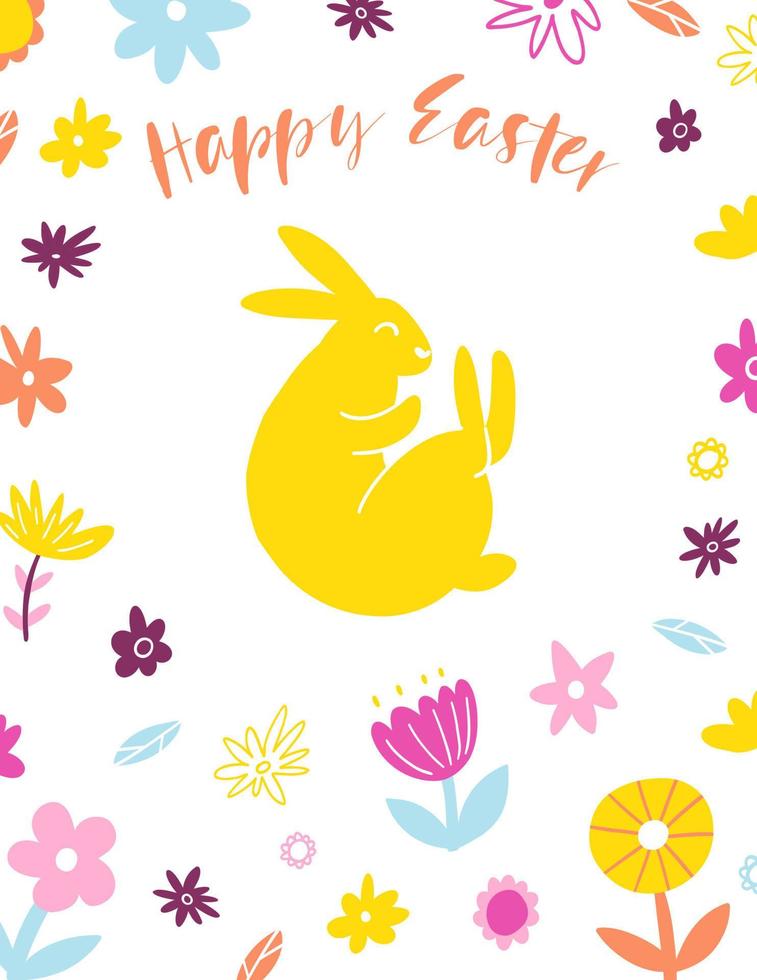 Happy Easter graphic greeting card. Hand drawn colorful plants and bunny in modern minimalist style vector