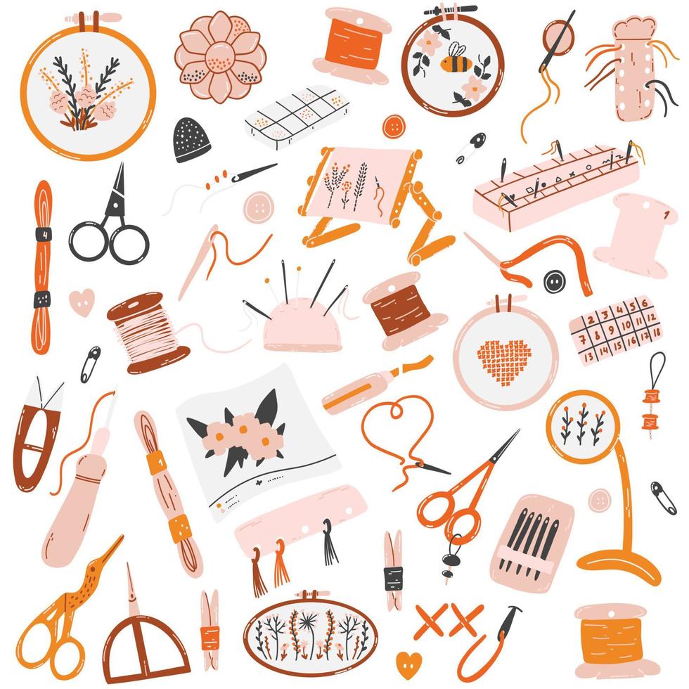 Concept of sewing, embroidery, handicraft, hobby. Hand drawn vector needlework tools as scissors, needles, threads, hoops, floss, organizers, bobbins