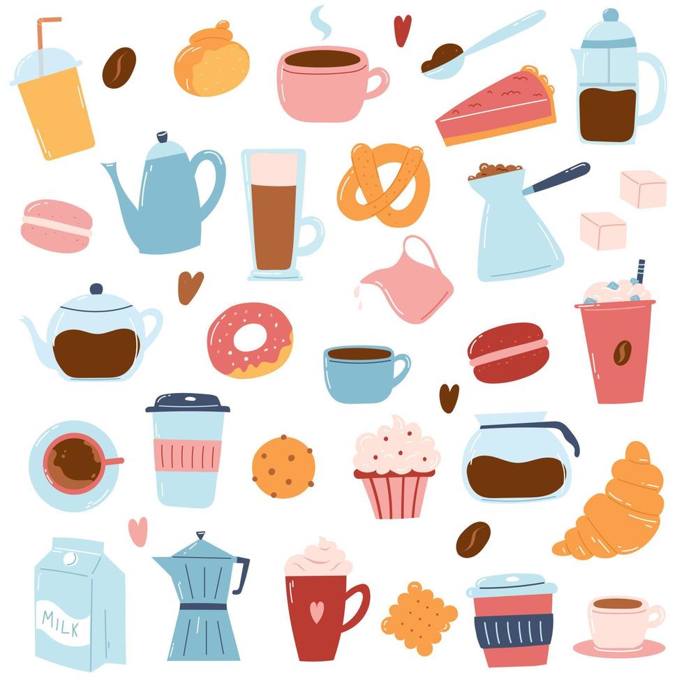 Big set of coffee items as coffee makers, cups, bakery, milk. Hand drawn icons in cartoon flat style. vector