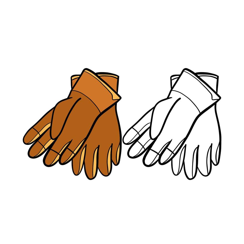 Vector illustration for your design. Colored and black line outline. Garden set. Garden gloves.