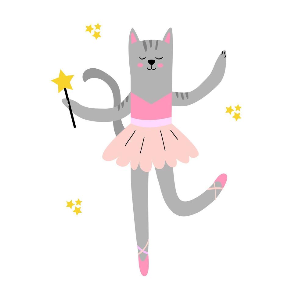 Cute ballerina cat in cartoon style. Gray cat in a pink dress and a star in her hands. Creative children's illustration with a lovely cat. Vector illustration with white isolated background.