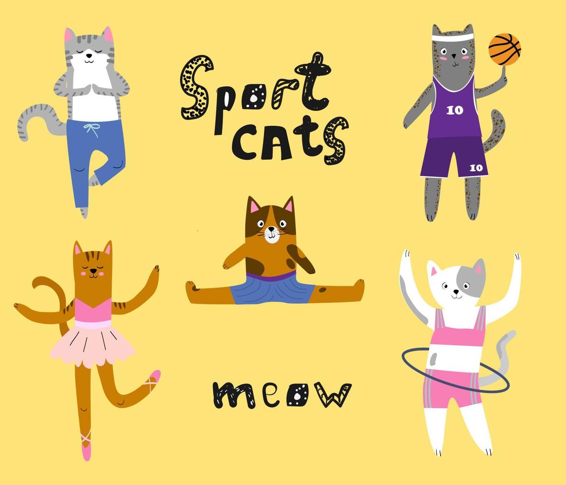 A set of cute cats. Cats are athletes, basketball player,ina, gymnast. Cat does yoga, sits on the splits, twists the hoop. Cool kids illustration. Vector illustration  ballerwith isolated background.