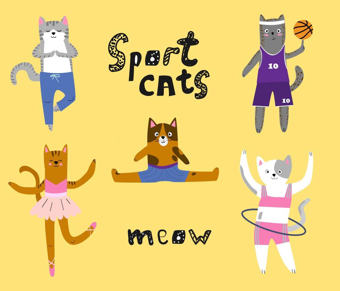 un conjunto de linda gatos gatos son Atletas, baloncesto jugador, ina, gimnasta. gato lo hace yoga, se sienta en el divisiones, giros el aro. frio niños ilustración. vector ilustración bailaríncon aislado antecedentes.