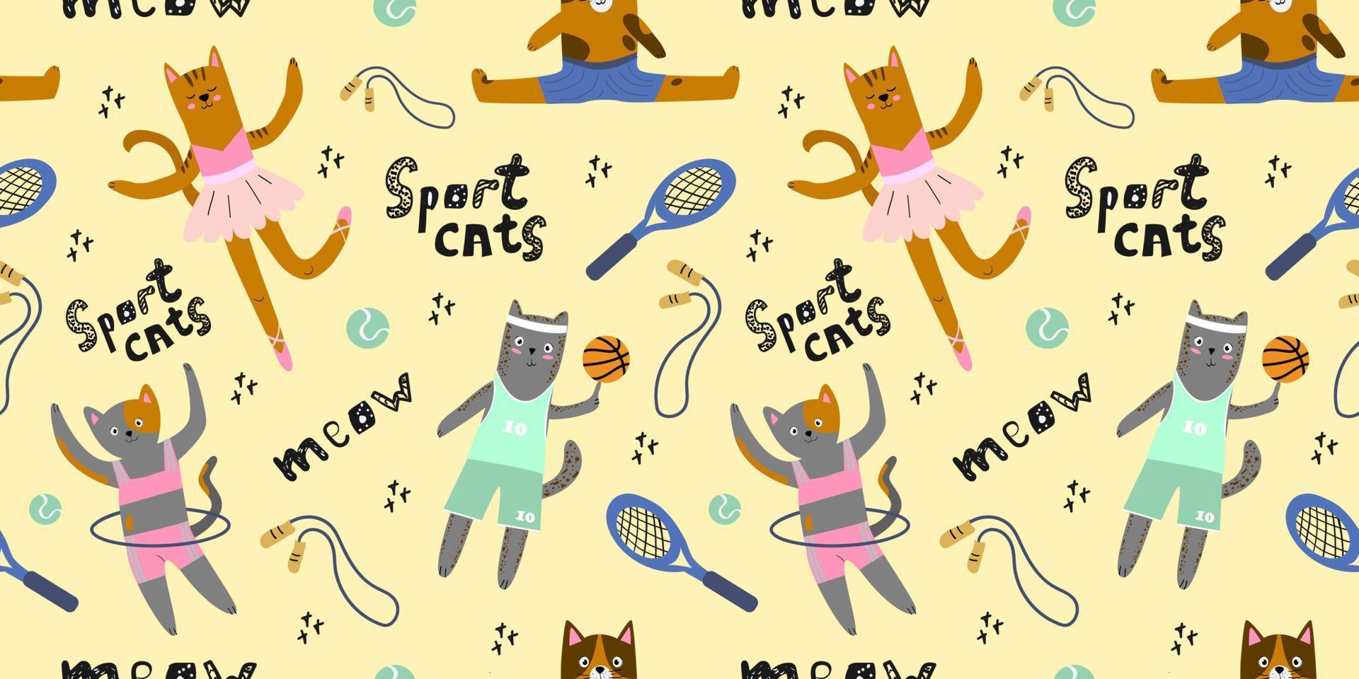 Seamless children's pattern with cute cats in different poses. Cats are athletes. Positive pattern. Creative children's texture for fabric, packaging, textiles, wallpaper, clothes. vector