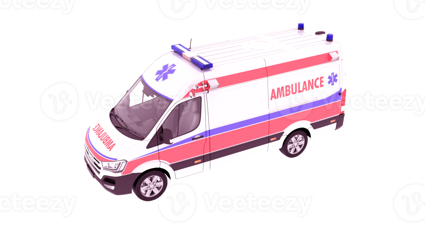 A white and orange ambulance with blue and red stripes. The ambulance car's Top angel side view is isolated on white background. 3d illustration, Ambulance emergency truck png