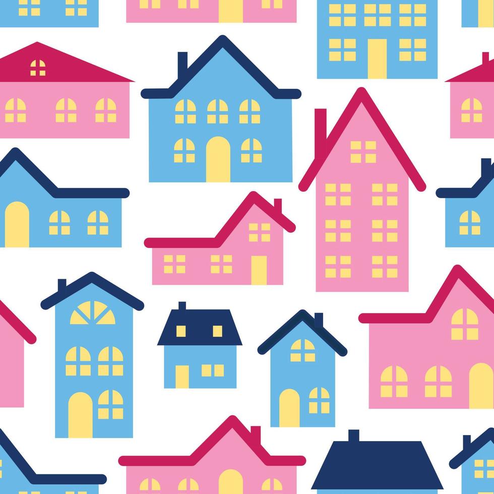 Pattern with pink and blue houses. Pattern for baby clothes or wrapping paper. vector