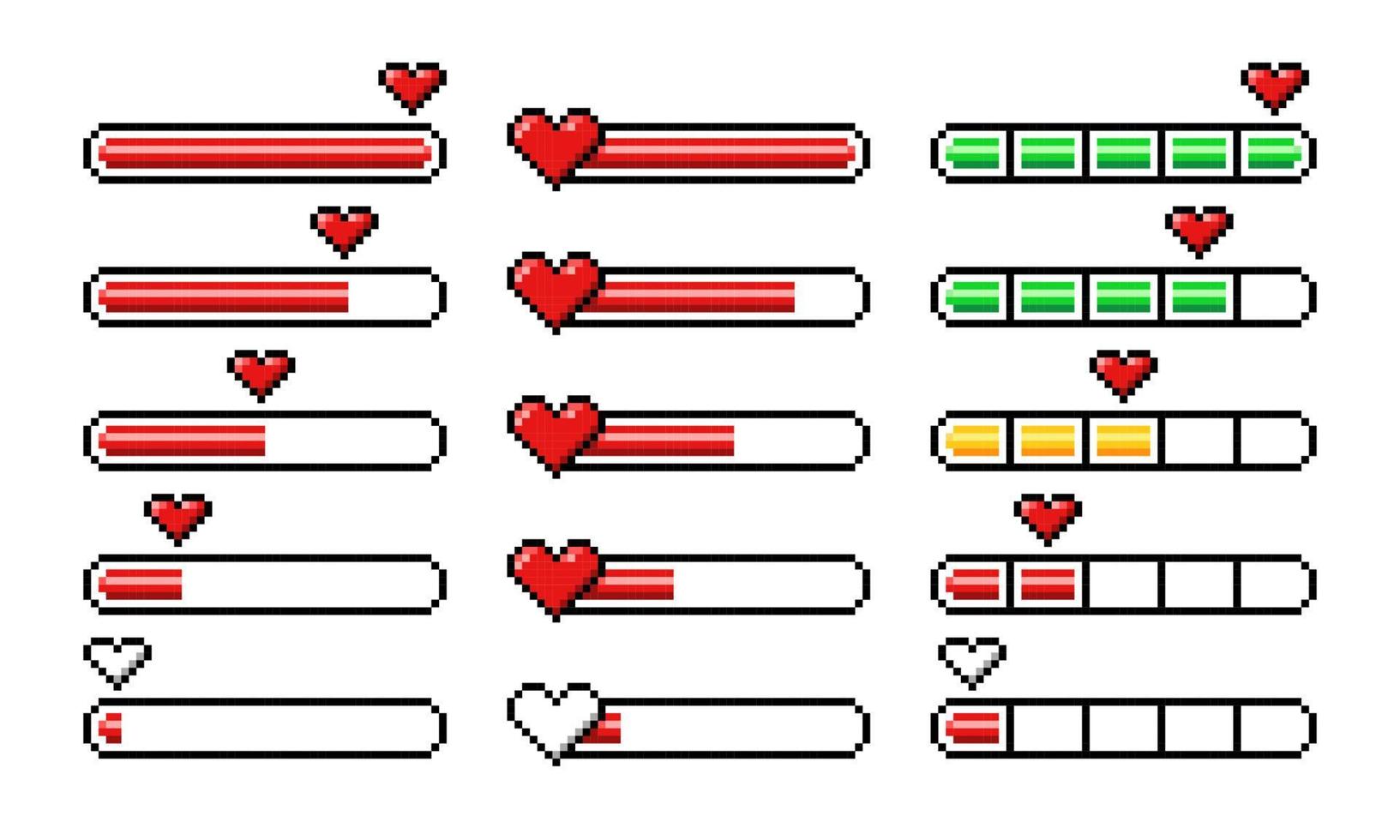 Pixel heart loading bars, 8 bit video game assets vector