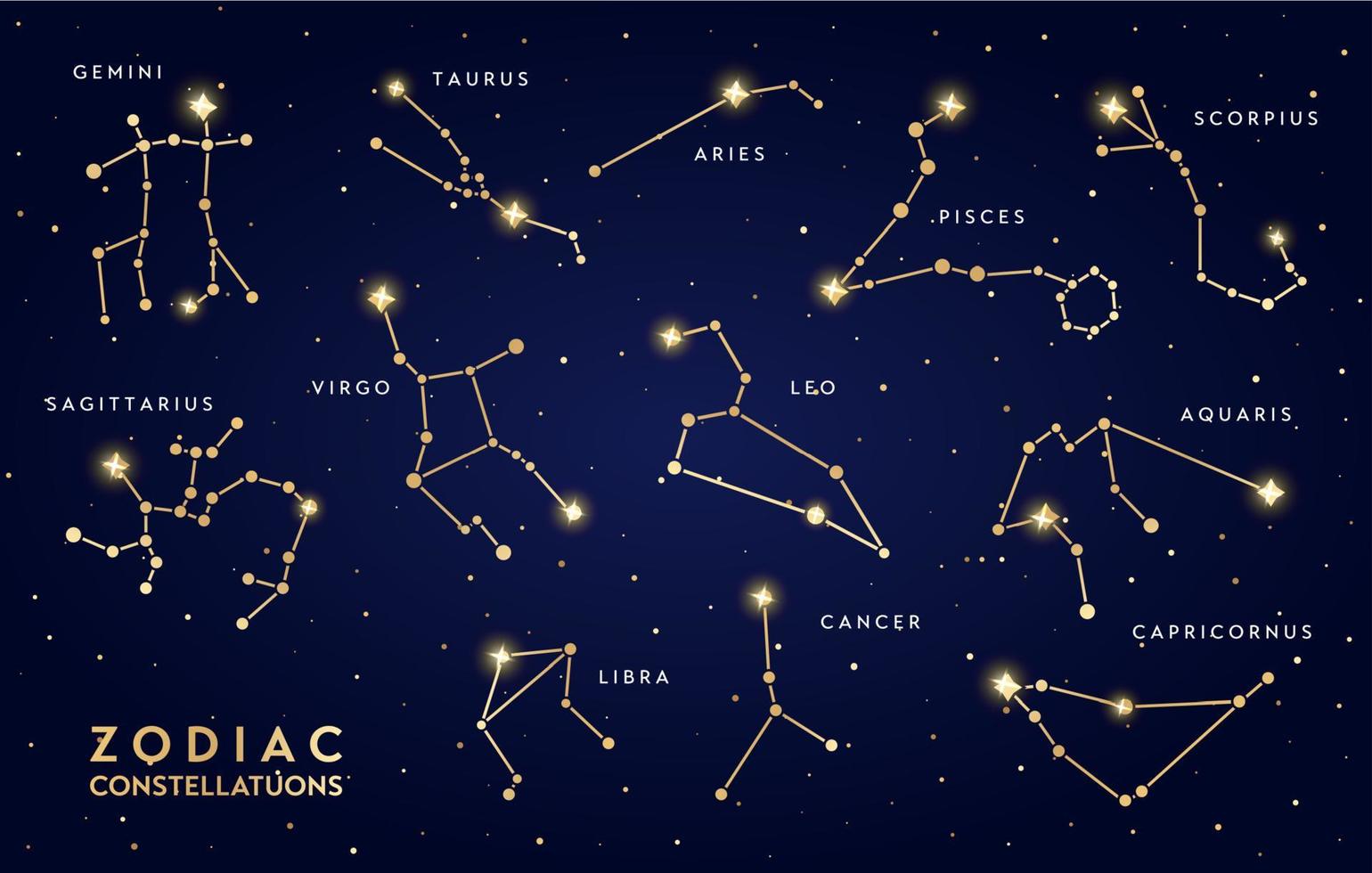 Golden zodiac constellations shining in night sky vector