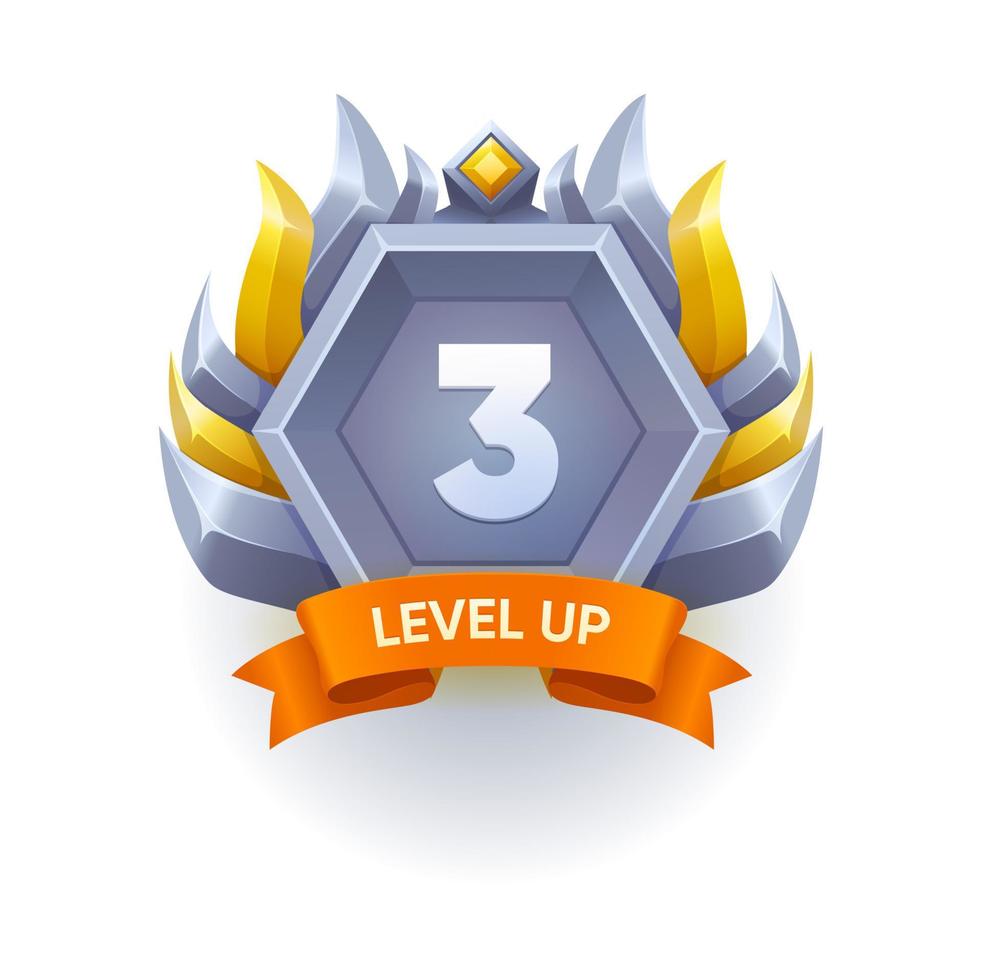 Game level up and win metal badge, isolated icon vector