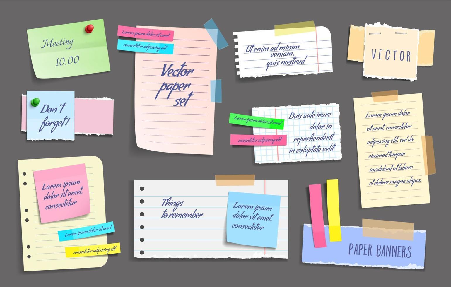 Paper notes, stickers, sticky sheets and tape set vector