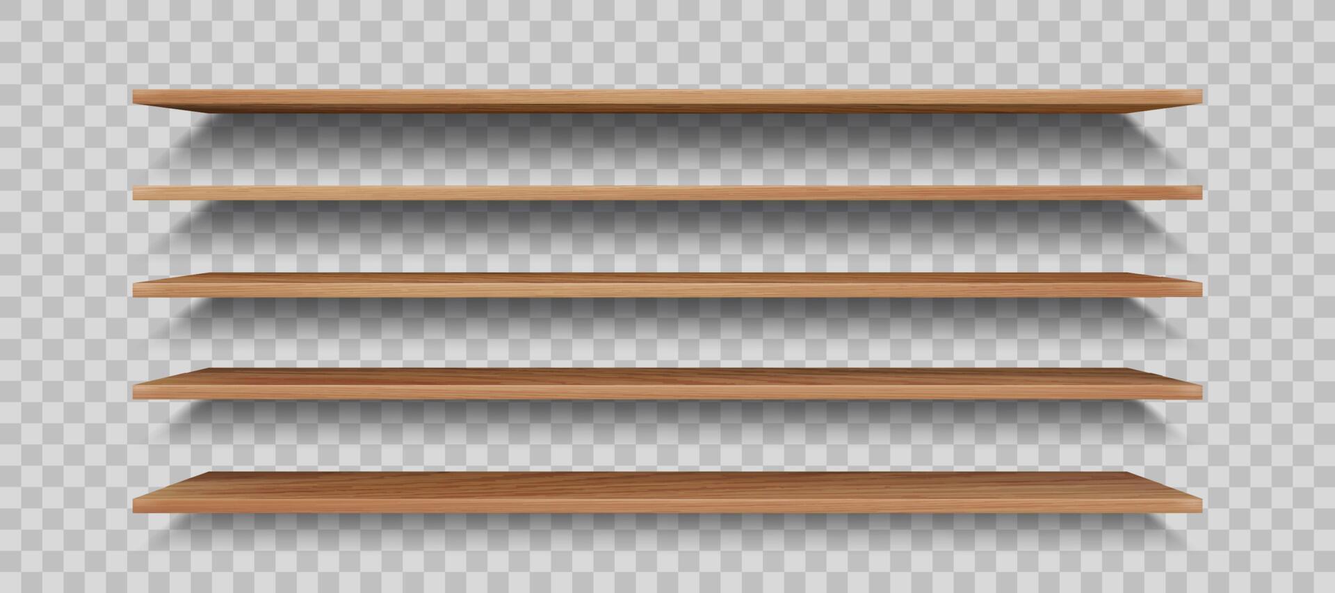 Wooden store shelf, empty wall bookshelf displays vector