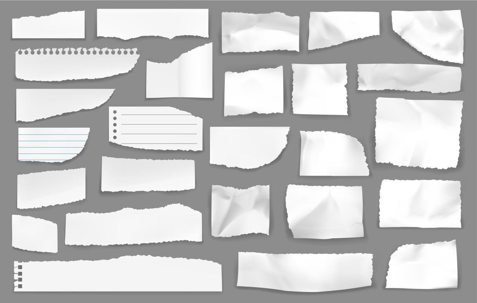 White torn paper rip pieces, vector scrap set