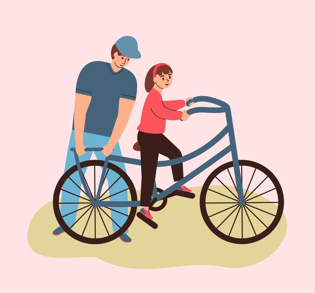 padre enseña hija a paseo un bicicleta. mundo bicicleta día. padres y niños ciclismo. vector